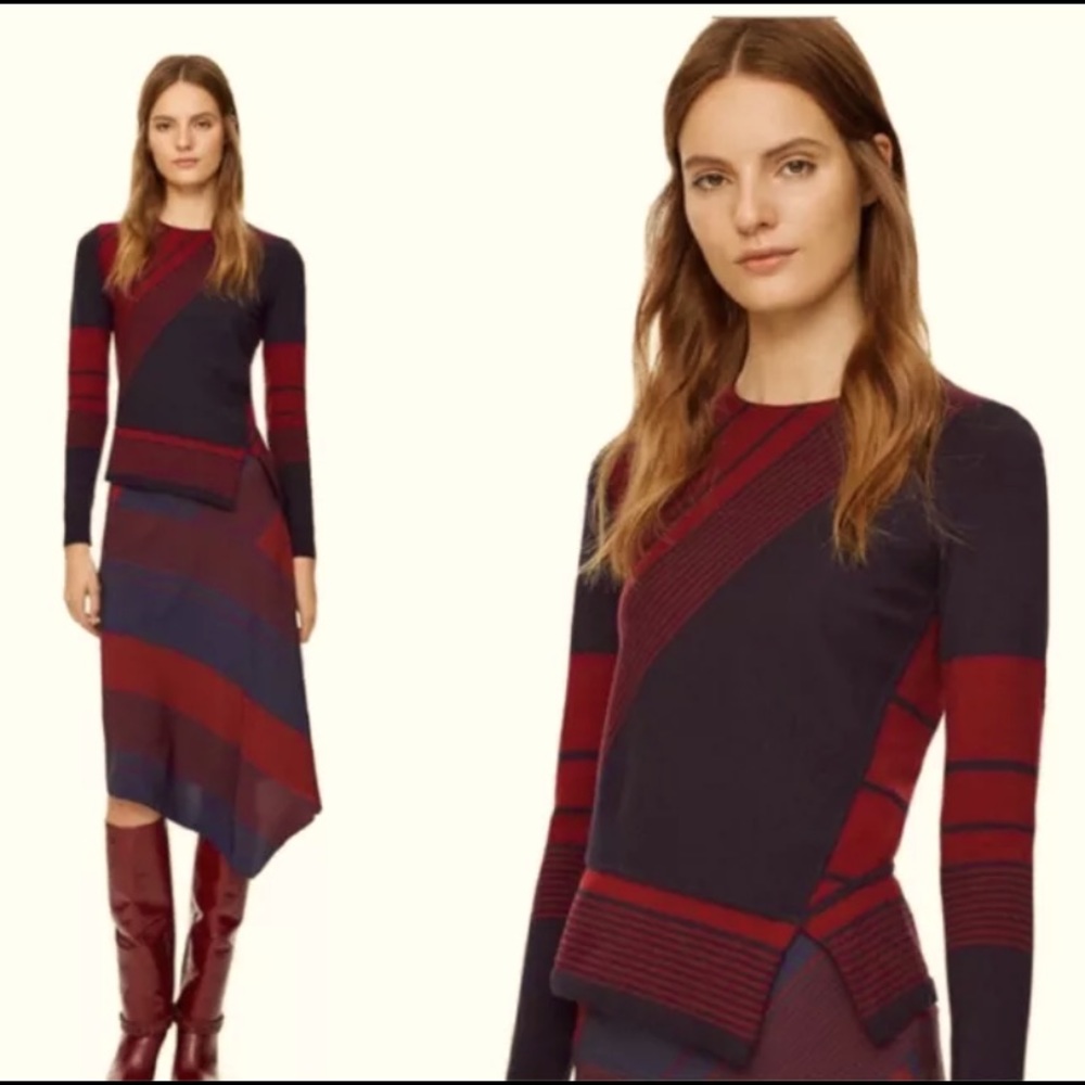 Tory Burch Navy Burgundy Striped Sweater Peplum Small 0 2 4